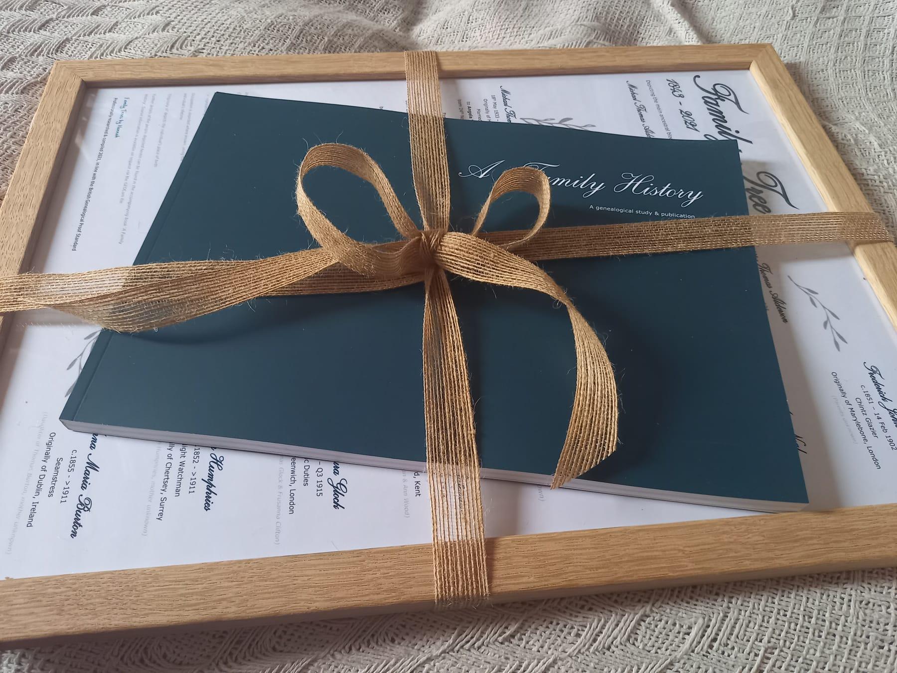 A family history book wrapped with a twine bow